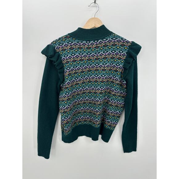 Loft Women Green Geo Jacquard Ruffle Mock Neck Sweater Size L Fall Winter Career - Picture 2 of 8